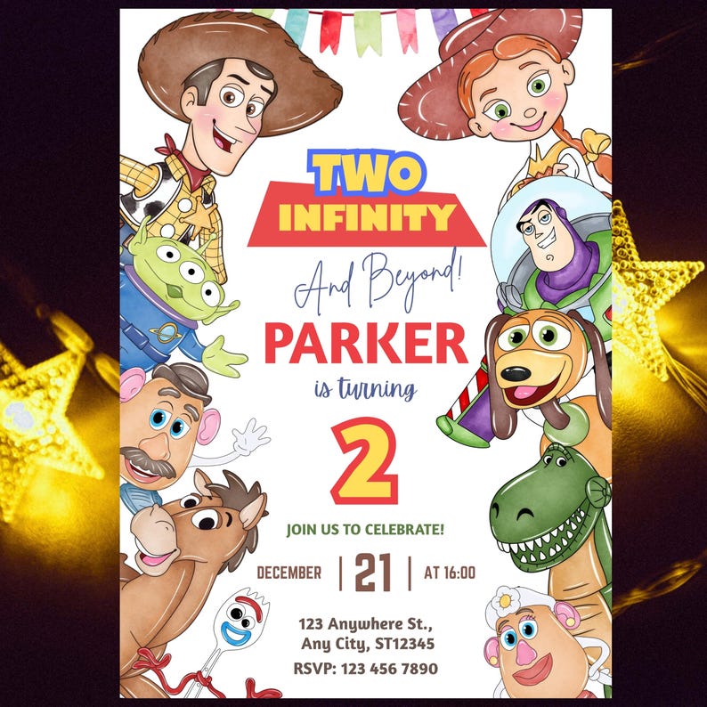 Invitación de cumpleaños de "Two Infinity and Beyond", invitación para el segundo cumpleaños de Toy Story, plantilla editable de Canva imagen 11