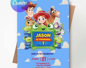Einladung zum 7. Geburtstag im Toy Story-Stil, bearbeitbare Geburtstagseinladung (Canva-Vorlage)