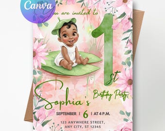 Invito di compleanno della principessa Tiana, festa del primo compleanno con acquerello, modello Canva modificabile (download digitale)