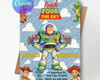 Buzz Lightjahre Geburtstagseinladung - Toy Story ""Reach Four the Sky"" (Canva Vorlage)"