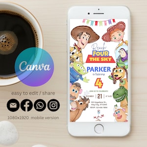 May include: A mobile phone displays a colorful birthday invitation featuring cartoon characters. The invitation reads "Reach for the Sky" and includes the name "Parker" and the number "4". The phone is next to a cup of coffee.