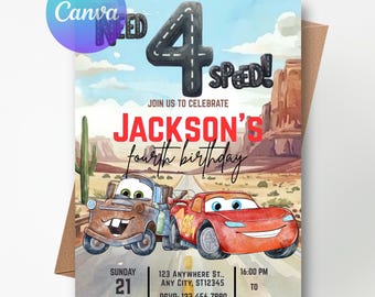 Autos brauchen vier Geschwindigkeits-Geburtstagseinladung - Lightning Mcqueen 4th Party laden ein bearbeitbare Canva-Vorlage (Digitaler Download)
