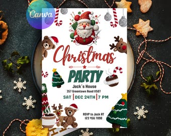 Invitación para fiesta navideña de Yarn Santa, plantilla editable de Canva (descarga digital)