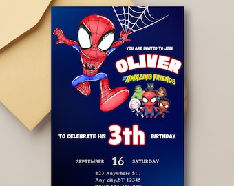 May include: A navy blue invitation card featuring a cartoon Spider-Man illustration. The card reads "You are invited to join Oliver & Amazing Friends" for a 3rd birthday celebration on September 16th. Includes address and RSVP information.