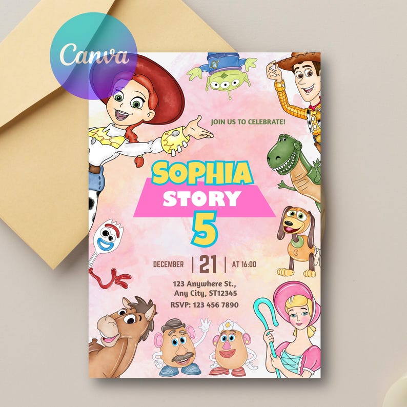 Puede incluir: Una colorida invitaci&oacute;n con personajes de la pel&iacute;cula Toy Story. La invitaci&oacute;n dice "SOPHIA STORY 5" con detalles del evento. El fondo es rosa suave con ilustraciones de personajes. El logotipo de Canva est&aacute; en la esquina superior izquierda.