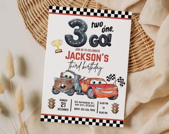 Einladung zum 3. Geburtstag mit Lightning McQueen, bearbeitbare Cars-Canva-Vorlage (Digitaler Download)