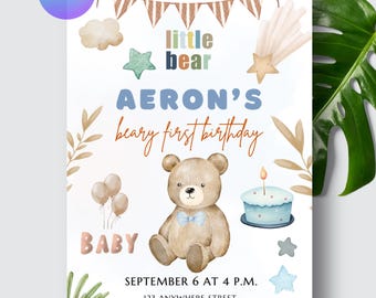 Plantilla de invitación para el primer cumpleaños de un osito, invitación de cumpleaños de un osito de peluche, plantilla editable de Canva, primer cumpleaños de un niño
