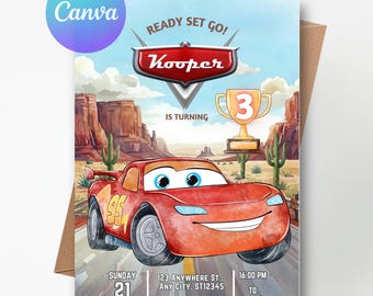 Tarjeta de invitación de cumpleaños de Rayo McQueen, invitación para fiesta de Cars, plantilla editable