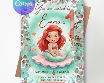 Invito di compleanno della Sirenetta, invito per la festa del primo compleanno della Principessa Ariel, modello modificabile