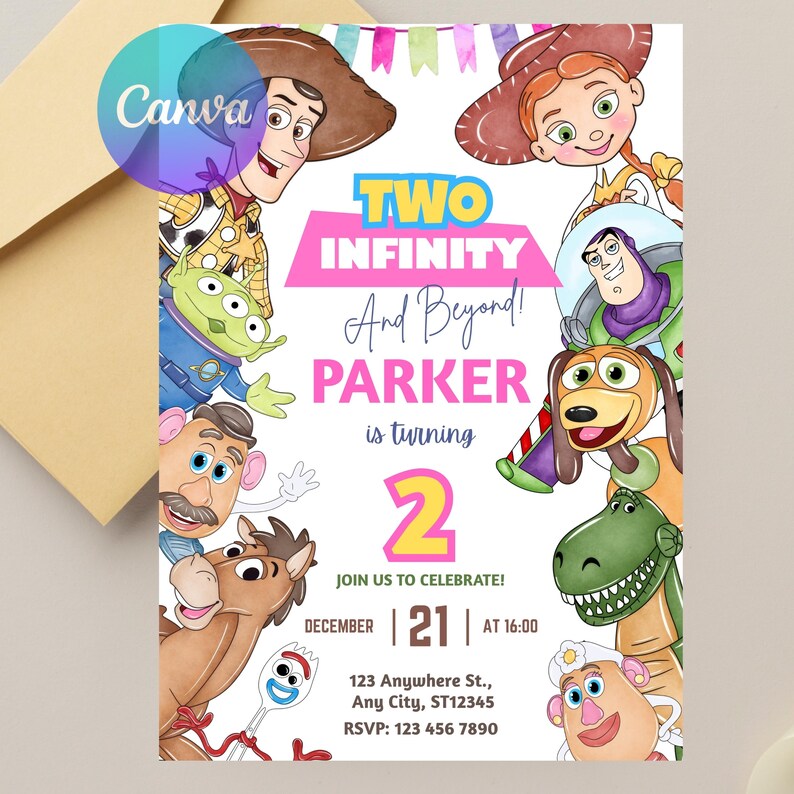 May include: A colorful birthday invitation featuring cartoon characters from a popular animated movie. The invitation includes the text "Two Infinity And Beyond!" and "Parker is turning 2". The date and time of the party are also included.