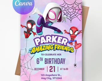 Invito di compleanno per bambina ragno, Spidey e amici, modello Canva modificabile (download digitale)