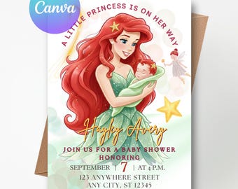 Biglietto d'invito per baby shower di Ariel, invito per la principessa sirenetta in arrivo, modello modificabile