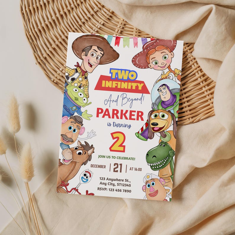 Invitación de cumpleaños de "Two Infinity and Beyond", invitación para el segundo cumpleaños de Toy Story, plantilla editable de Canva imagen 3