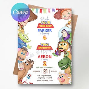 Invitación de cumpleaños de Toy Story, "Alcanza el cielo" y "Infinito y más allá" (Plantilla de Canva)
