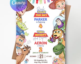 Toy Story Geburtstagseinladung, „Reiche viermal den Himmel“ und „Zwei Unendlichkeiten und noch viel weiter“ (Canva-Vorlage)