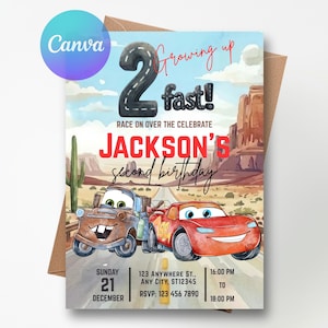 Inbjudan till födelsedag med Cars Two Fast - Blixten McQueen-festinbjudan redigerbar Canvas-mall (digital nedladdning)