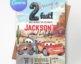 Invitación de cumpleaños de Cars Two Fast - Plantilla editable de Canva para invitación de fiesta de Lightning McQueen (Descarga digital)