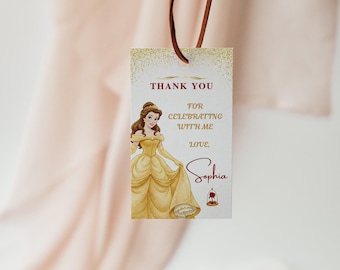 Biglietto di ringraziamento per il compleanno della Principessa Belle, invito di compleanno per la bambina di BBTB, modello modificabile