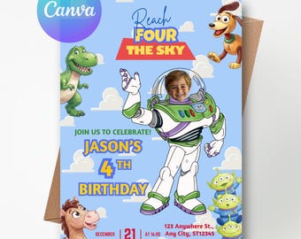 Buzz Lightjahre Geburtstagseinladung - Toy Story ""Reach Four the Sky"" (Canva Vorlage)"