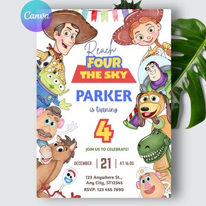 May include: A colorful birthday party invitation featuring cartoon characters. The invitation says "Reach for the Sky" and "Parker is turning 4." The date is December 21st at 4:00 PM. Includes RSVP information.