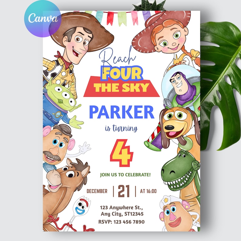May include: A colorful birthday party invitation featuring cartoon characters. The invitation says "Reach for the Sky" and "Parker is turning 4." The date is December 21st at 4:00 PM. Includes RSVP information.