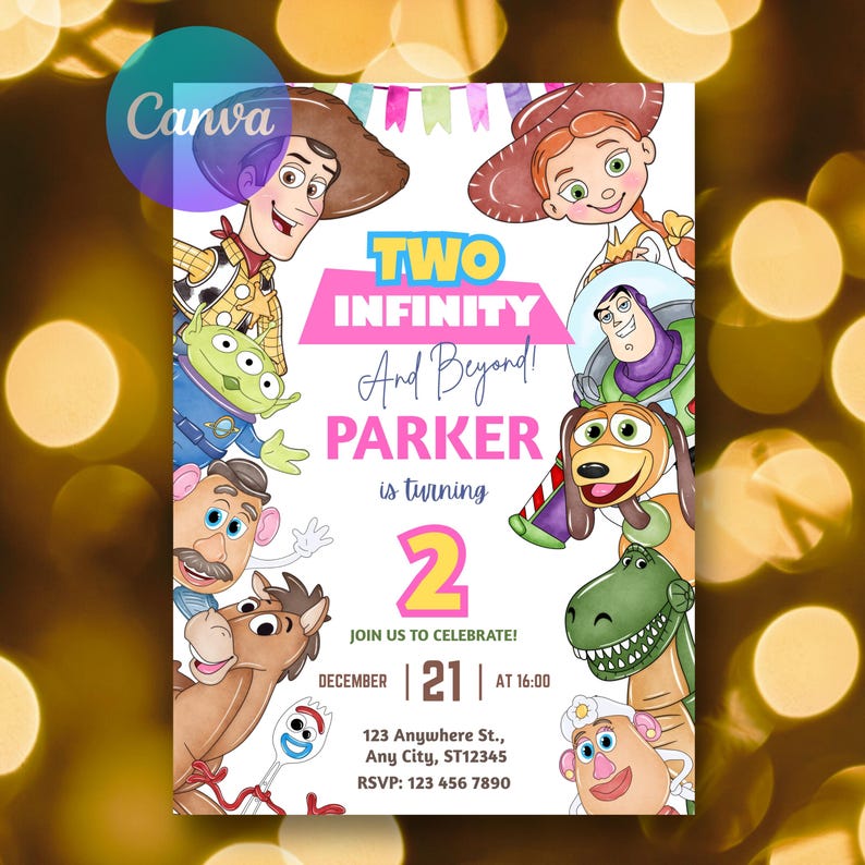 May include: A colorful birthday invitation featuring characters from a popular animated movie. The invitation reads "Two Infinity And Beyond!" and includes the name "Parker" and the number "2". The date and time of the party are also included.
