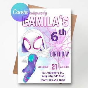 May include: A birthday invitation featuring a cartoon character in a white and purple costume. The invitation reads "CAMILA'S 6th BIRTHDAY" with the date December 21st and time 16:00. The design includes a spiderweb and heart.