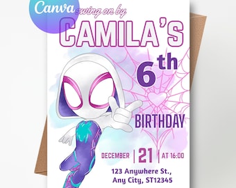 Invito di compleanno a tema ragno fantasma, invito modificabile per la festa di Spider Girl (download digitale)