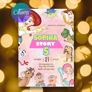 Puede incluir: Una colorida invitaci&oacute;n con personajes de Toy Story. Anuncia el 5&ordm; cumplea&ntilde;os de Sof&iacute;a, con la fecha y hora indicadas. El logotipo de Canva es visible en la esquina superior izquierda.