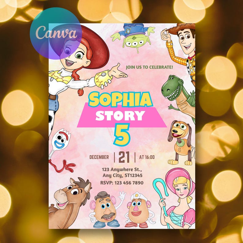 Puede incluir: Una colorida invitaci&oacute;n con personajes de Toy Story. Anuncia el 5&ordm; cumplea&ntilde;os de Sof&iacute;a, con la fecha y hora indicadas. El logotipo de Canva es visible en la esquina superior izquierda.