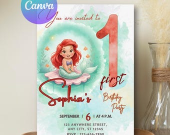 Invito per il primo compleanno della principessa Ariel, invito per il compleanno della sirenetta, modello modificabile