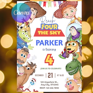 May include: A colorful invitation featuring characters from the movie Toy Story. The text reads "Reach for the Sky" and announces Parker's 4th birthday on December 21st. Includes address and RSVP information.