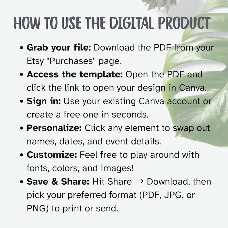 May include: White graphic with instructions on how to use a digital product. The text includes steps like downloading from Etsy, accessing a template, signing in, personalizing, customizing, and saving. A green leaf is in the background.