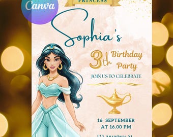 Modello di invito di compleanno della principessa Jasmine, modificabile su Canva
