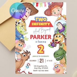 Invitación de cumpleaños de "Two Infinity and Beyond", invitación para el segundo cumpleaños de Toy Story, plantilla editable de Canva imagen 6