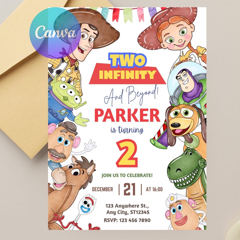 Invitación de cumpleaños de "Two Infinity and Beyond", invitación para el segundo cumpleaños de Toy Story, plantilla editable de Canva imagen 6