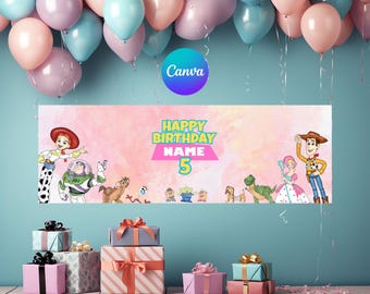 Banner de cumpleaños de Toy Story para niña, fondo de fiesta de cumpleaños de Jessie, letrero, plantilla editable de Canva