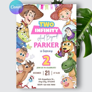 May include: A colorful birthday party invitation featuring characters from a popular animated movie. The invitation includes the text "TWO INFINITY And Beyond! PARKER is turning 2" with event details. The design incorporates various cartoon characters.