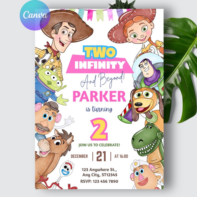 May include: A colorful birthday party invitation featuring characters from a popular animated movie. The invitation includes the text "TWO INFINITY And Beyond! PARKER is turning 2" with event details. The design incorporates various cartoon characters.