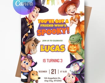 Toy Story Halloween-Geburtstagseinladung: Du hast einen gruseligen Freund (Canva-Vorlage)