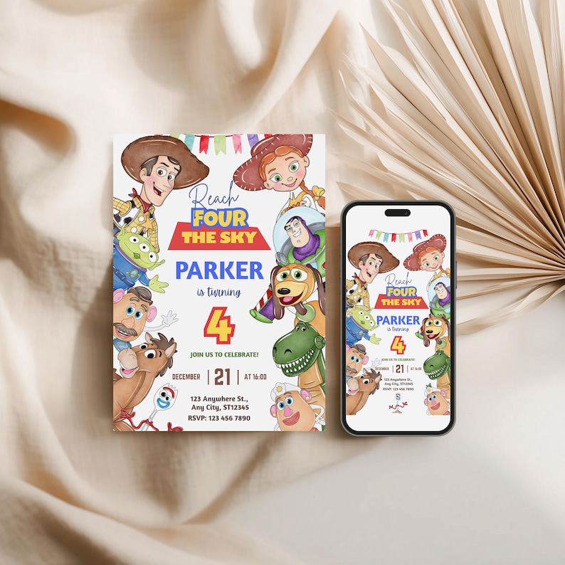 May include: A birthday invitation featuring characters from a popular animated film. The invitation includes the text "Reach Four The Sky" and "Parker is turning 4". The design is displayed on a card and a smartphone.