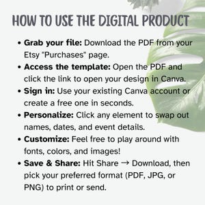 Puede incluir: Gr&aacute;fico blanco con instrucciones sobre c&oacute;mo usar un producto digital. El texto incluye pasos como descargar desde Etsy, acceder a una plantilla, iniciar sesi&oacute;n, personalizar, personalizar y guardar. Una gran hoja verde en el fondo.