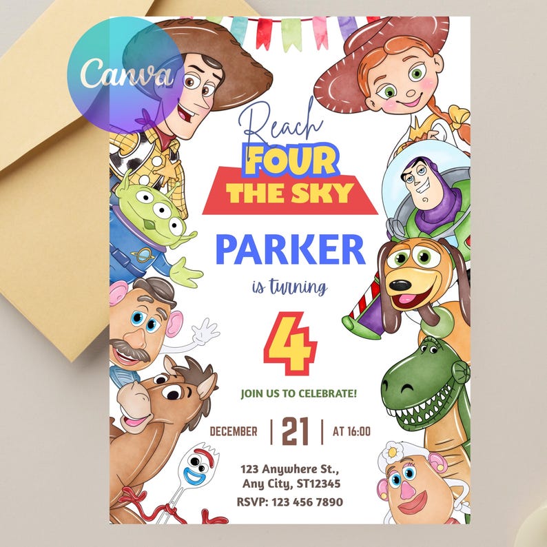May include: A colorful birthday party invitation featuring characters from a popular animated movie. The invitation includes the text "Reach for the Sky" and "Parker is turning 4". The date and time of the party are also included.