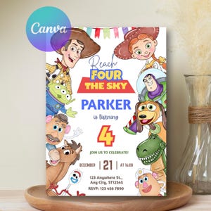 May include: A birthday invitation featuring characters from the Toy Story movie. The invitation has the text "Reach Four The Sky" and "Parker is turning 4". The date is December 21st at 4:00 PM. The invitation includes an RSVP.