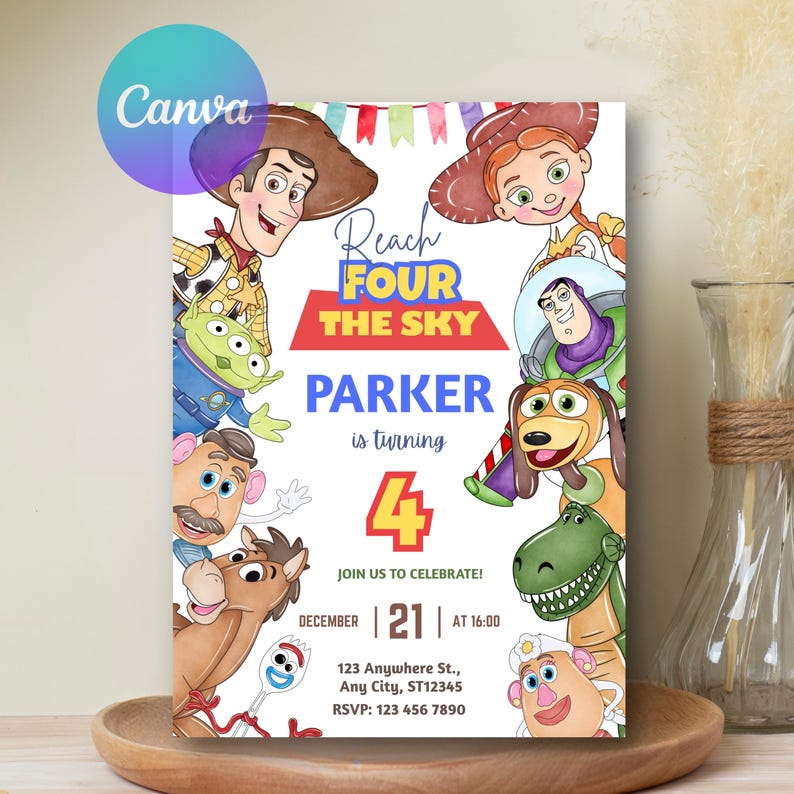 May include: A birthday invitation featuring characters from the Toy Story movie. The invitation has the text "Reach Four The Sky" and "Parker is turning 4". The date is December 21st at 4:00 PM. The invitation includes an RSVP.