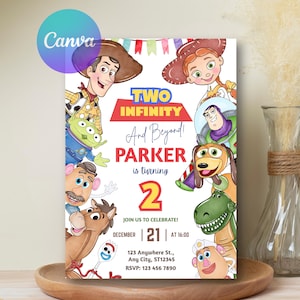 Invitación de cumpleaños de "Two Infinity and Beyond", invitación para el segundo cumpleaños de Toy Story, plantilla editable de Canva imagen 5