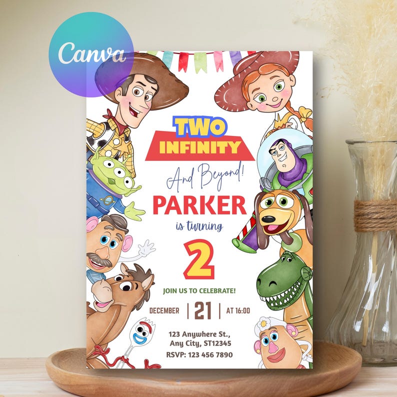Invitación de cumpleaños de "Two Infinity and Beyond", invitación para el segundo cumpleaños de Toy Story, plantilla editable de Canva imagen 5