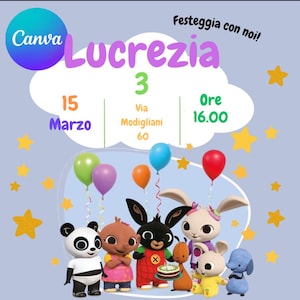Può includere: Un invito azzurro con il nome "Lucrezia" in viola, che celebra un terzo compleanno. Il design include personaggi dei cartoni animati, palloncini e stelle. La data è il 15 marzo alle 16:00.