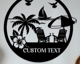 Custom Beach Metal Sign, Coastal Wall Art for Home, Custom Name Coastal House Sign, Tropical Metal Wall Art, House Round Sign, Coastal Decor