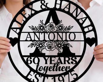Personalized Family Name & Date Wall Sign - 60 Years Together Wedding Anniversary Gifts - Diamond Wedding Milestone Gift for Grandparents